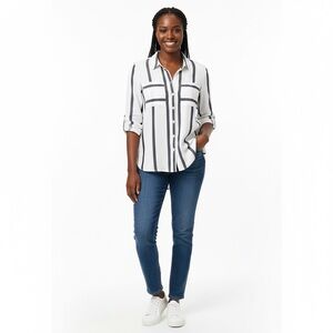 Alexander Jordan Women's Blouse LS Ivory/Black Stripes Rayon/Cotton Blend Size L